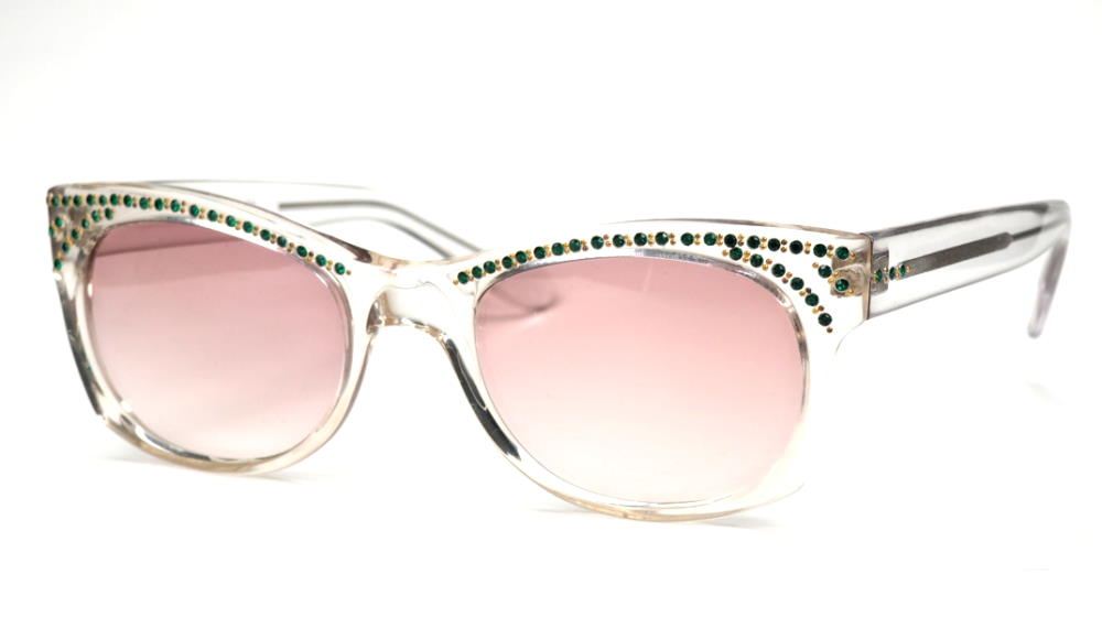 Vintage Sonnenbrille aus den 80er Jahren wasserhell mit grünen Straßsteinchen