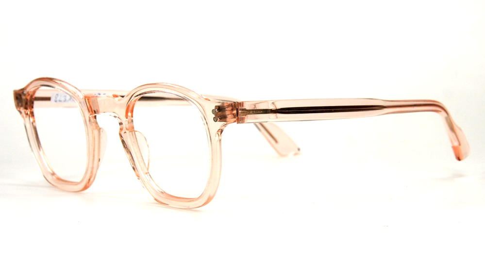 30er Jahre Brille aus Acetat, noch fabrikneu,  transparentrosé Material 