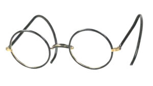 Antike, runde Brille aus den 30er Jahren, aus Golddoublé mit schwarzen Windsorrand