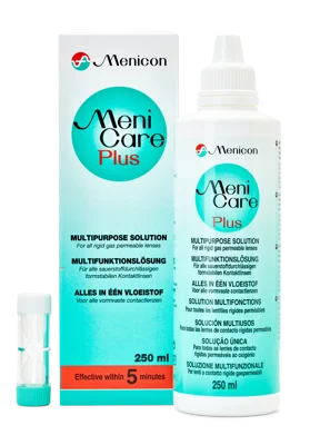 MeniCare Plus 250ml Multifunktionslösung, mit Aufbewahrungsbehälter.