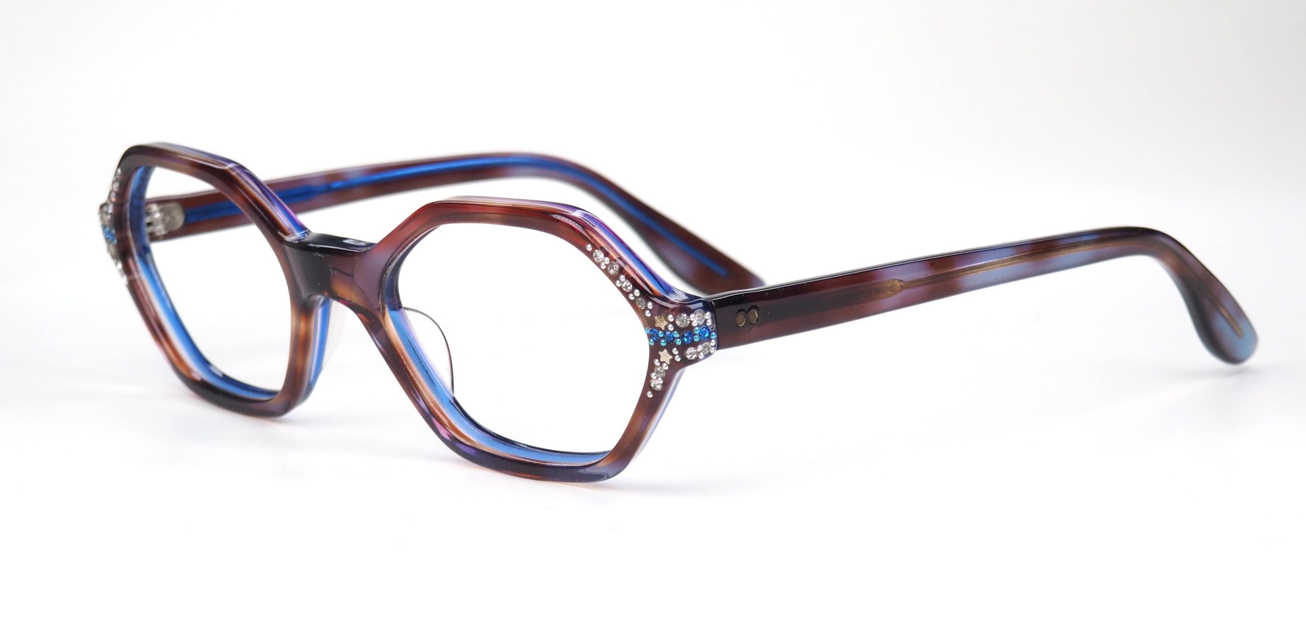 Sechseckige 60er Jahre Vintagebrille mit Straß in interessanter Farbgestaltung